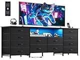 WLIVE 12 Drawer Dresser for Bedroom, Black Dresser TV Stand for 65, 70, 75 inch TV with Led Light & Charging Station, Wide Chest of Drawers with Open Shelves, Fabric Dressers for Closet, Living Room