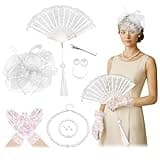 7Pcs Tea Party Hat and Lace Gloves Set for Women, Elegant Lace Fan Vintage Feather Fascinator with Pearl Necklace Ring Earrings Bracelet, Elegant Accessories for Wedding Bridal Shower Garden Party