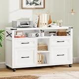 Farmhouse Filing Cabinet with Adjustable Shelf & Wheels, Lateral File Cabinets, Office Storage Cabinet with 4 Drawers and Open Storage Space, for Hanging Files A4/Letter for Home Office, Cream White
