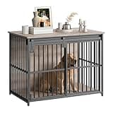 HOOBRO Dog Crate Furniture, 36.6" Heavy Duty Dog Kennel with Sliding Barn Door, Wooden Dog Cage Indoor, Decorative Side End Table for Small/Medium Dogs, Greige and Black GY162GW03G1
