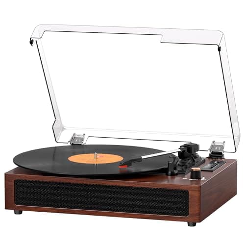 Vinyl Record Player Bluetooth Turntable, 3-Speed Retro Vinyl Player with Built-in Speakers,AUX in, Auto Stop,USB Recording, Belt-Drive LP Player Brown