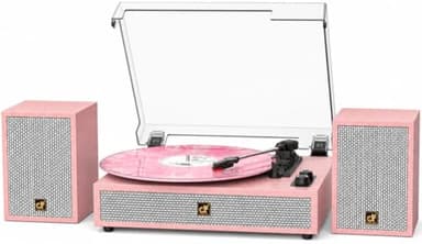 TE-2028 Pink Bluetooth Record Player with External Speakers Belt-Drive Turntable for Vinyl Records Dual Stereo Speakers LP Players Support 3 Speed 3 Size, AUX RCA Output, Auto Stop