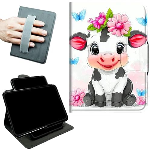 RWUTYTIUL Rotating Handle Case for iPad Pro 13 Inch M5 2025/M4 2024, 360 Degree Swivel Kickstand with Magnetic Closure, Shockproof Leather Protective Cover for Women Men, Flower Cute Cow
