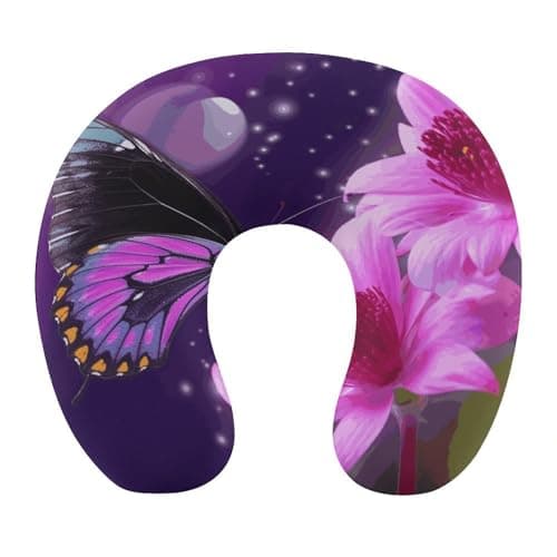 NHSGDUA Purple Butterfly and Flower U-Shaped Neck Pillow, Memory Foam Travel Neck Pillows Compact and Ergonomic Design,Airplane Pillow for Traveling Car Home Office