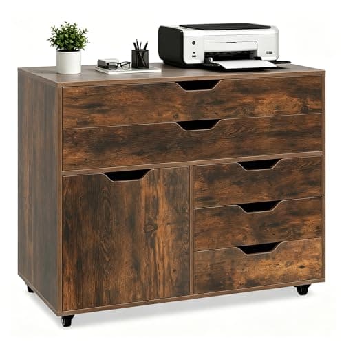 LOKO 5-Drawer Mobile File Cabinet, Rolling Chest of Drawers with Lockable Wheels, Modern Printer Stand, Multi-Purpose Lateral Filing Cabinet for Home Office, Study & Living Room (Rustic Brown)
