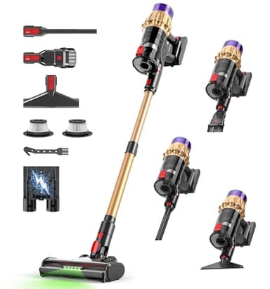 UPHUNAL Lightweight Cordless Vacuum, High Suction Stick Vacuum with Anti-Tangle Brush, LED Light, 65 Minute Runtime, Multi-Surface Cleaning for Pet Hair, Hard Floors and Carpets