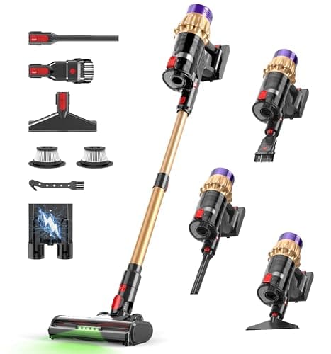 UPHUNAL Lightweight Cordless Vacuum, High Suction Stick Vacuum with Anti-Tangle Brush, LED Light, 65 Minute Runtime, Multi-Surface Cleaning for Pet Hair, Hard Floors and Carpets
