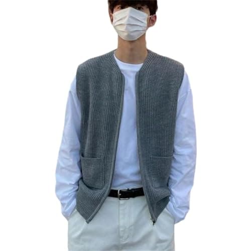 Men Knitted Vest With Pockets Round Neck Sleeveless Wool Blend Loose Sweater Waistcoat Gray9 M