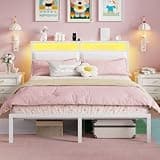 OURPIC Full Size Bed Frame with Headboard, Bed Frame Full Size with LED Light and Charging Station, White Metal Platform Bedframe and Storage Shelf, No Box Spring Needed, Noise Free