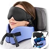 YFONG Travel Pillow for Women Airplane, Patented 360° Ergonomic Sleeper Hold Head Support System with Memory Foam Neck Pillow & 3D Sleep Mask, Prevent Head Bobbing for Long Flights & Road Trip, Blue