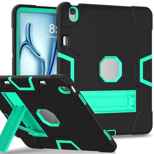 FONREST Rugged Case for iPad Air 13-inch M2 2024 A2898/A2899 with Kickstand Pencil Holder, Kids-Friendly Heavy Duty Hybrid PC+Silicon Shock-Proof Color Blocking Protective Armor Cover (Black+Mint)