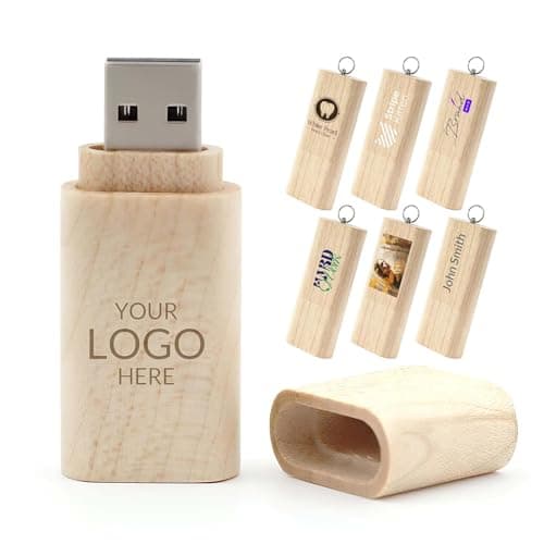 Custom Wood USB Flash Drive 8GB 25 Pack,Natural Wooden Customizable Thumb Drives with Keychain,Logo Engraving Included, Personalized Wooden Memory Sticks for Branding