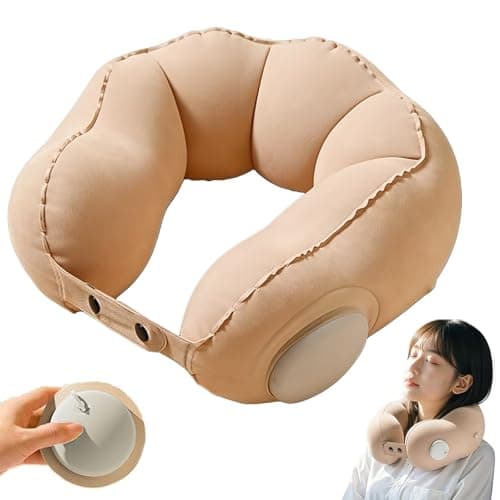 Inflatable Travel Neck Pillow with Built-in Pump, Ergonomic U-Shaped Airplane Pillow, Wavy Curve Chin & Neck Support Cushion for Flight, Car & Train Travel (1Pcs)