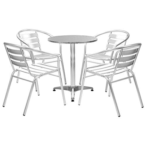 CongVVFV 5-Piece Outdoor Dining Set with Round Table and 4 Stackable Chairs, Sleek Grey-Silver Aluminum Alloy for Patio Balcony, Waterproof Durable Anodized Finish, Comfortable