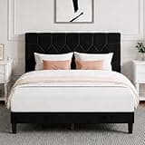 Novilla Queen Bed Frame with Headboard, Bed Frame Queen Size with Velvet Upholstered Pull-Point Headboard, No Box Spring Needed, Metal Support Heavy Duty Feet, Easy Assembly, Black Velvet