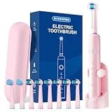 MCUDKIK Rotating Electric Toothbrush for Adults, 8 Brush Heads (2 Types) & Travel Case, 5 Cleaning Modes Rechargeable Power Toothbrush with 2-Minute Smart Timer, Pink