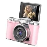Bewinner 48MP Travel Mirrorless Camera | 1080P Vlogging Cam with 8X Zoom, 2.4" Flip Screen, Autofocus & Flash for Beginners (Pink)