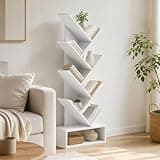Furevol 7-Tier Tree Bookcase, Bookshelf with Bottom Shelf, Book Shelf, 8.4 x 16.9 x 46.2, for Bedroom, Living Room, Home Office, White