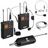 TONOR UHF Wireless Microphone System with Headset Lavalier Lapel Mic, Bodypack Transmitter, Rechargeable Receiver, 2 * 15 Channels 60 m/200ft Range 1/4" Output for Recording, 2 Bodypack Mics