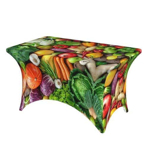 GaxfjRu Fresh Fruits and Vegetables Thickened Stretch Table Cloth - Fitted Rectangle Tablecloths for 6 & 8 Foot Tables - Outdoor Picnic