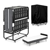 SAWJEC 46" W x 75" L Folding Bed with Memory Foam Mattress and Headboard, Heavy Duty Rollaway Guest Bed on Wheels, Space Saving Foldable Bed for Adults, Black