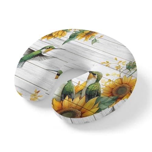 Sunflower Travel Neck Pillow Memory Foam,Hand Neck Support Airplane Pillow for Traveling Bed Car Office Home,Hummingbird Summer Botanical Wooden Portable Flight Pillows with Removable & Washable Cover