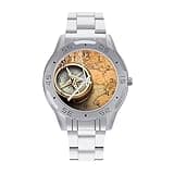 FekiLoot Old Compass Watches for Men Big Face Stainless Steel Analog Quartz Watch Business Dress Wristwatch Casual Wrist Watch Easy to Read Gifts for Husband Father