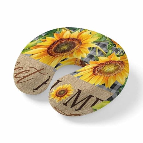 Travel Pillows U-Shaped Neck Pillow Sweet Home Words Sunflowers Ergonomic Memory Foam Pillow Head Cushion,Country Floral on Black Plaid Soft Portable Neck Pillows for Office Airplane Car Train