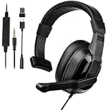 Wired One Ear Headset with Mic for PS5|PS4|Xbox|Switch|PC|Laptop|Mac, USB/Type-C/3.5mm Jack 3in 1 Single Ear Headphone with Microphone/Volume Control for Gaming Office Business Work Team Meetings Chat