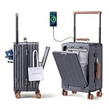 ROPLUS Carry On Luggage with Front Cover Compartment, Aluminium Frame Rolling Suitcase with Skate Wheels, USB Ports, Cup Holder, TSA Lock (GrayBrown, 21-Inch)