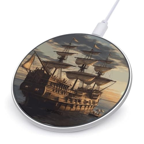 Fantasy Pirate Ship Wireless Charger with Aluminum Alloy Frame Qi Certified Fast Wireless Charging Pad 10W Charging Station Portable Phone Charger for All Wireless Charging Phone