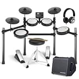 AODSK Drum Set And 35W Amp Bundle for Beginners – Includes mesh pads, USB MIDI, throne, headphones, sticks, 15 kits, 195 sounds, plus dual-speaker amp with AUX and recording output.