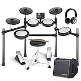 AODSK Drum Set And 35W Amp Bundle for Beginners – Includes mesh pads, USB MIDI, throne, headphones, sticks, 15 kits, 195 sounds, plus dual-speaker amp with AUX and recording output.