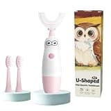 Hikid Kids Electric Toothbrush,360-Degree Sonic Vibration, IPX7 Waterproof,Toddler U Shaped Toothbrush with 2 Soft Brush Head,Cute Owl Design Baby Toothbrush for Ages 2–7(Pink)