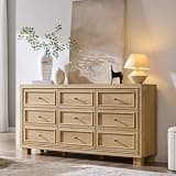 JXQTLINGMU 9 Drawer Dresser for Bedroom, Two Included Base Styles, 63" Wide Mid Century Modern Wooden Chest of Drawers, Large Closet Dresser TV Stand Storage for Living Room, Natural Oak
