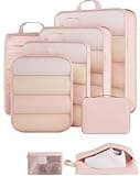 Veken 8 Set Compression Packing Cubes for Travel Essentials,Compressible Expandable Large Luggage Suitcase Organizer Bags for Clothing,Durable Space Saver Storage Bags with Toiletry Bags(Beige)