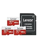 Lexar E-Series 128GB Micro SD Card 3 Pack, microSDXC UHS-I Flash Memory Card with Adapter, 100MB/s, C10, U3, A1, V30, Full HD, 4K UHD, High Speed TF Card
