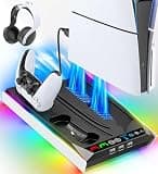 PS5/Slim/Pro Stand for Disc & Digital Console, PS5 Cooling & Charging Station with RGB Lights, PS5 Controller Charger Built-in 3 Level & AUTO Adjustable Fan, Accessories for PlayStation 5 Cases