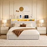 JIJIWANG Queen Size Platform Bed Frame with LED Lights and Charging Station, Corduroy Upholstered Platform Bed with Storage Headboard and Drawers, Heavy Metal Crossbar Support, Silent Design Beige