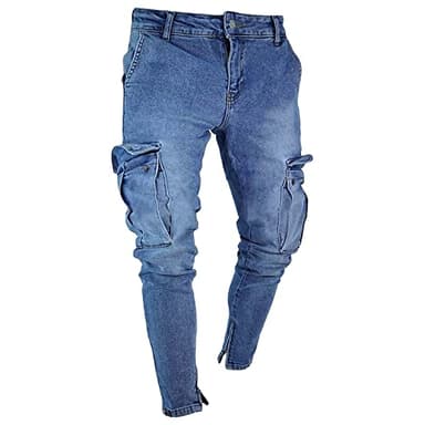 Maiyifu-GJ Men's Skinny Ripped Biker Jeans Multi Pockets Stretch Denim Pencil Pants Distressed Slim Fit Ankle Zipper Jean (Light Blue,3X-Large)