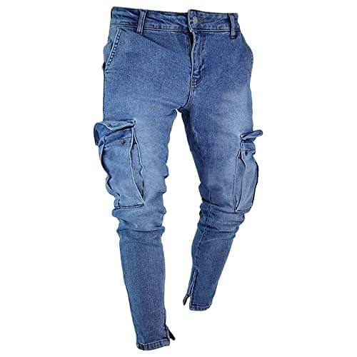 Maiyifu-GJ Men's Skinny Ripped Biker Jeans Multi Pockets Stretch Denim Pencil Pants Distressed Slim Fit Ankle Zipper Jean (Light Blue,3X-Large)