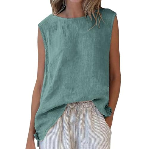 100 Percent Cotton Sleeveless Tops Womens Capsule Wardrobe Spring 2026 Cotton Linen Tank Tops for Women 2026 Summer Casual Comfy Crewneck Sleeveless Gauze Top Loose Fit Camisoles Camisa De Lino