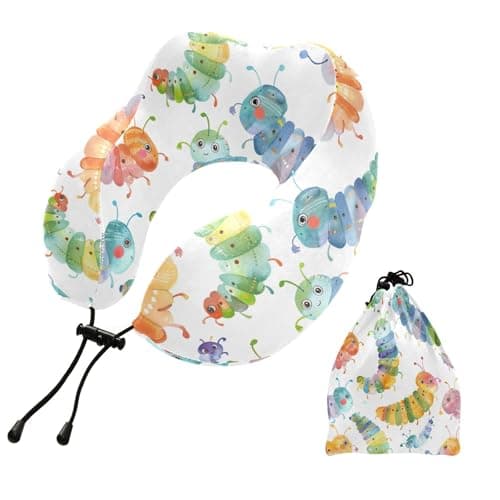 ZOEO Travel Pillow for Neck Head, Watercolor Caterpillars Memory Foam Padding Sleeping Airplane Trains Cars Camping Office