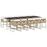 GHVBNMF 11 Piece Garden Dining Set Beige Poly Rattan Outdoor Furniture with Large Rectangular Table and 10 Seats for Patio Terrace Backyard and Sunroom Chic Steel Frame and Soft Cushions