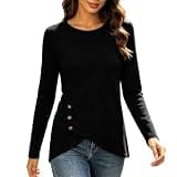 Womens Waffle Knit Button Wrap Hem Tunic Top Long Sleeve Crew Neck Shirts Dressy Casual Pullover Tops Fall Winter Black