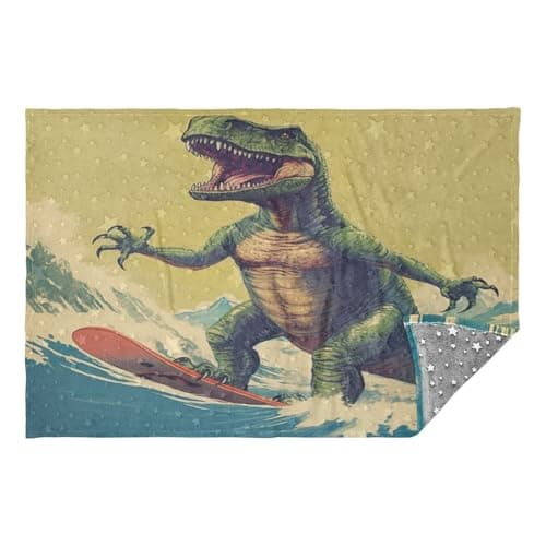 Jihqo Vintage Dinosaur Surfing Travel Blanket Glowing in The Dark, Soft 2 in 1 Airplane Blanket 65" x 55", Foldable as Pillow, Luggage Sleeve & Backpack Clip