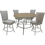 Pemberly Row 5-Piece Outdoor Indoor Patio Dining Set, Powder Coated Aluminum Frame, White Linen Beige Finish, Removable Machine Washable Cushions, Round 42-Inch Table, Swivel Chairs, PE Wicker Back