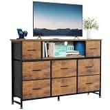 DUMOS LED Entertainment Center with Charging Station, TV Stand Dresser with 8 Fabric Drawers and Open Shelves, Wood Top Media Console for 45-55 inch, Bedroom, Brown