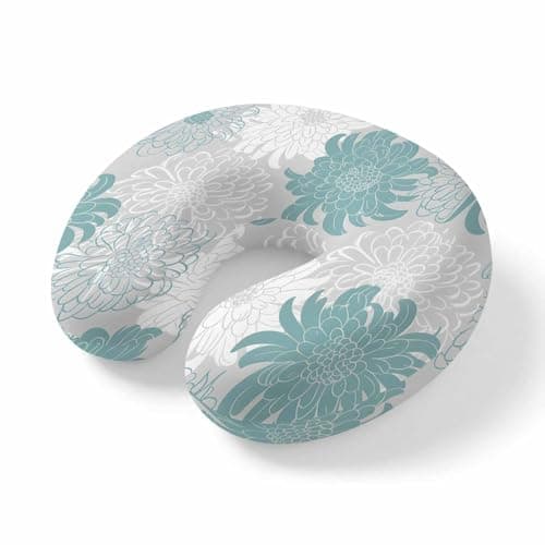 Turquoise White Floral Travel Neck Pillow Memory Foam,Hand Neck Support Airplane Pillow for Traveling Bed Car Office Home,Elegant Chrysanthemum Farmhouse Flight Pillows with Removable & Washable Cover