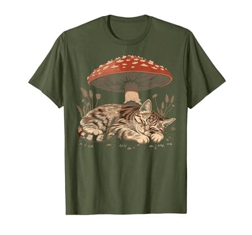 Cute Tabby Cat Gray Cat Cottagecore Aesthetic Mushroom T-Shirt, Men, Olive Green, Small